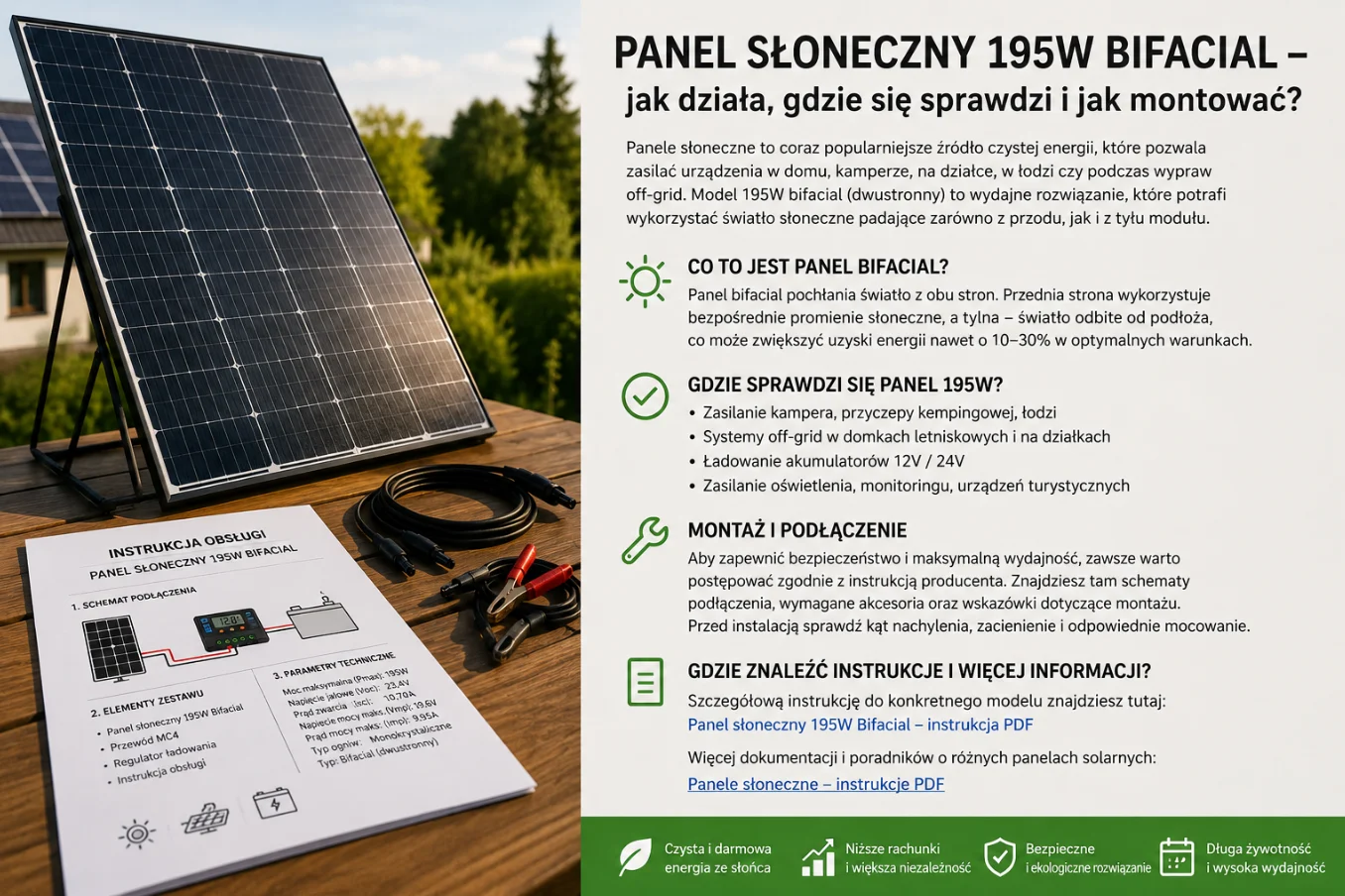 Instrukcja PDF pomaga sprawdzić parametry panelu słonecznego, złącza, napięcie, prąd oraz zalecenia dotyczące montażu.
